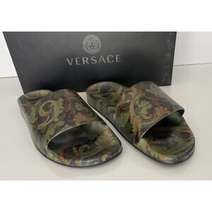 Versace Baroccoflage Slides Sandals Khaki 8 US (41 Euro) IT DSU6516 NIB $395